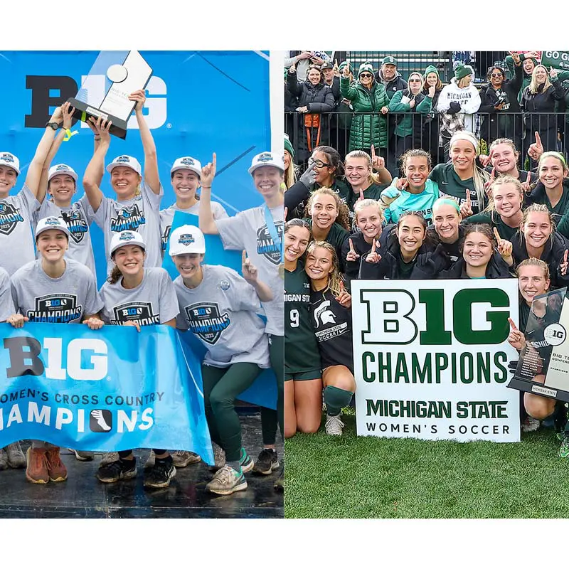 Women's soccer and women's xc team celebrating Big Ten Championship