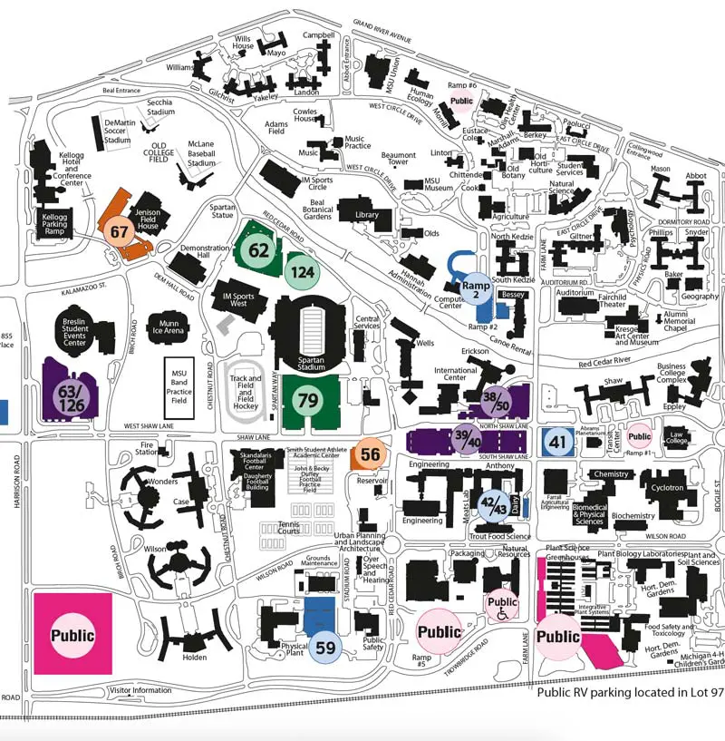 Map showing parking locations for football games at Spartan Stadium